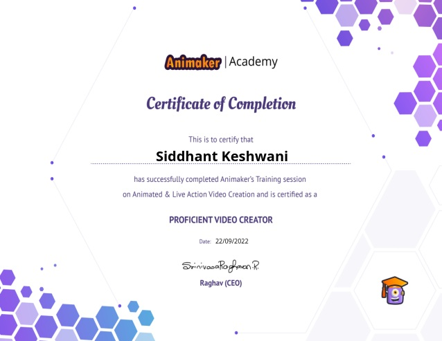 Siddhant Keshwani's Certificate